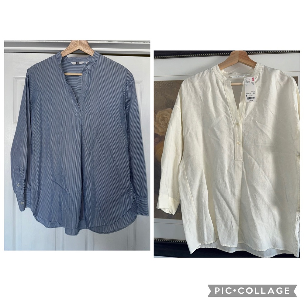 NWT Bundle Two Uniqlo Shirts Linen Cotton White Blue Stripe S